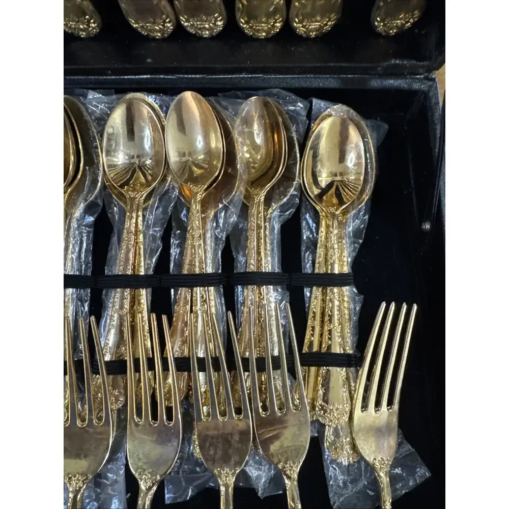 WM Rogers Enchanted Rose Gold Plated Flatware Set 63 Pc Service for 12 Case Vtg